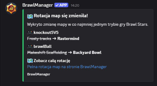 Prawdziwe powiadomienie BrawlManagera o zmianie rotacji map na kanale Discorda