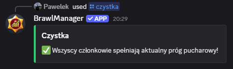 Wynik komendy /czystka na Discordzie, gdy wszyscy członkowie spełniają próg