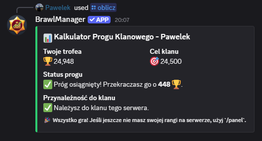 Wynik komendy /oblicz na Discordzie