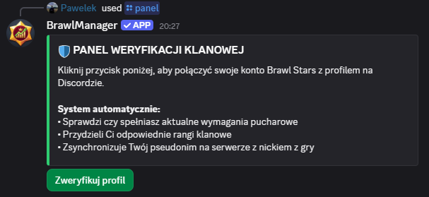 Wynik komendy /panel na Discordzie
