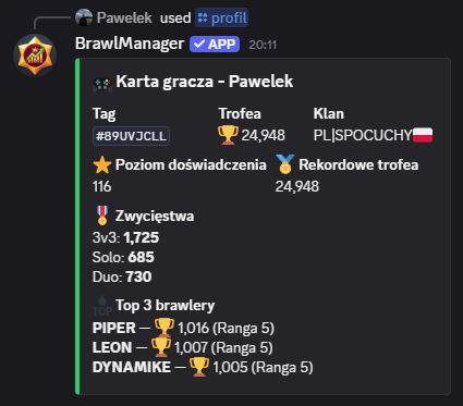 Wynik komendy /profil na Discordzie, wariant non-premium (bez pola Progres gracza)