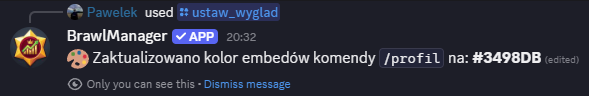 Wynik komendy /ustaw_wyglad na Discordzie, wariant Premium — zmiana koloru tylko komendy /profil